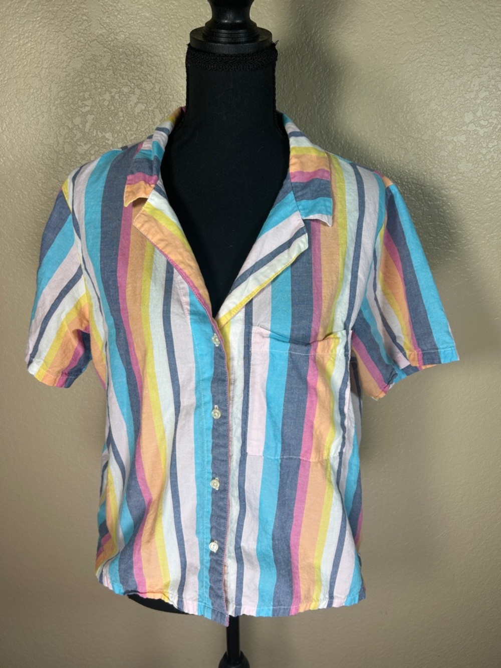 Gap Body Pastel Multi-Stripe Button-Down Shirt Short Sleeve Pocket Top